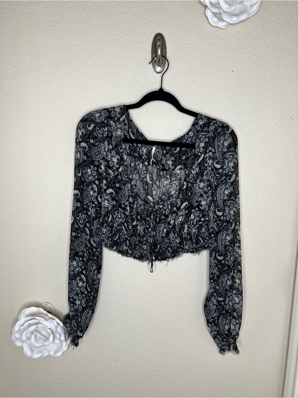 NTM: Free People Paisley Smocked Crop Top Boho Long Sleeve Blouse Medium